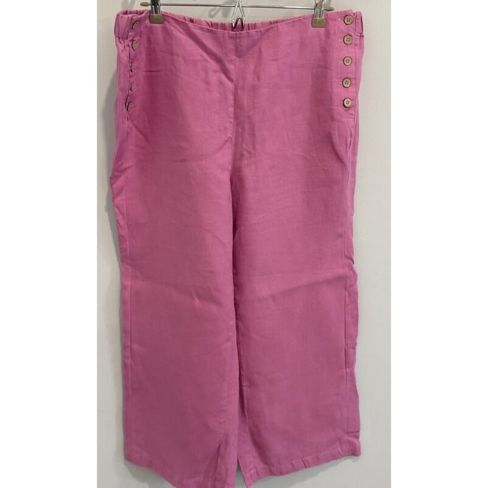 J Jill Love Linen Raspberry Pink Wide Leg Crop Pants Button Detail Size Large